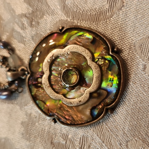 Heavy flower abalone Shell stainless steel medallion pearl bead chain doubled - Picture 3 of 4